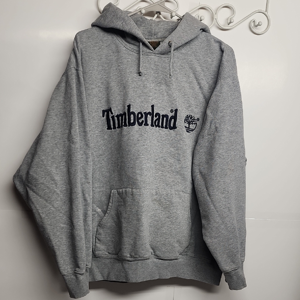 Timberland Gray Embroidered Hoodie Unisex Size M Comfortable and classic.